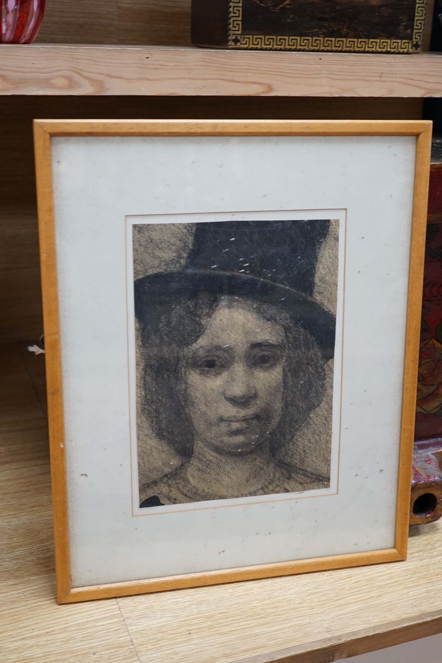 Ian Wells, charcoal drawing, ‘The Top Hat’, signed and indistinctly dated 1971?, 26 x 18cm. Condition - fair to good, paper browned